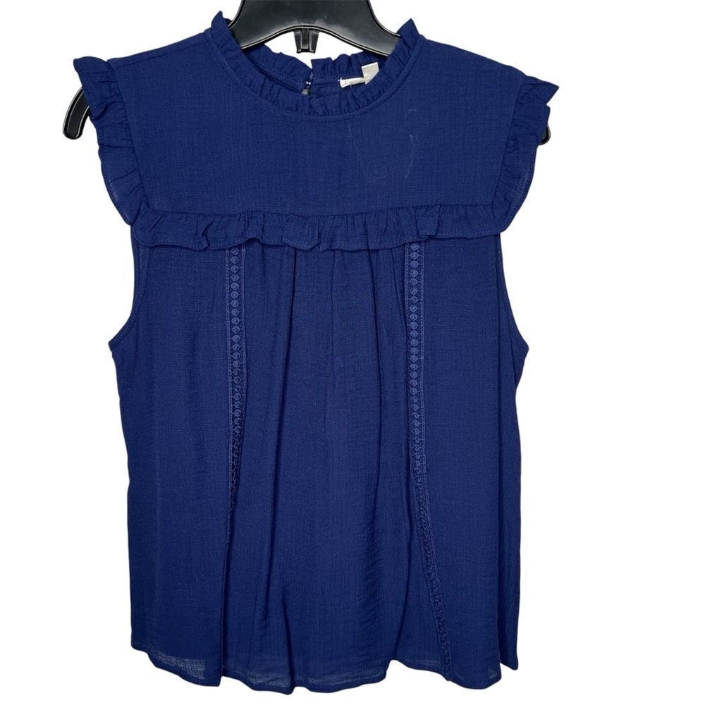 New! Mine Sleeveless Navy Blue Ruffle Round Collar Women’s Blouse Top Sz M